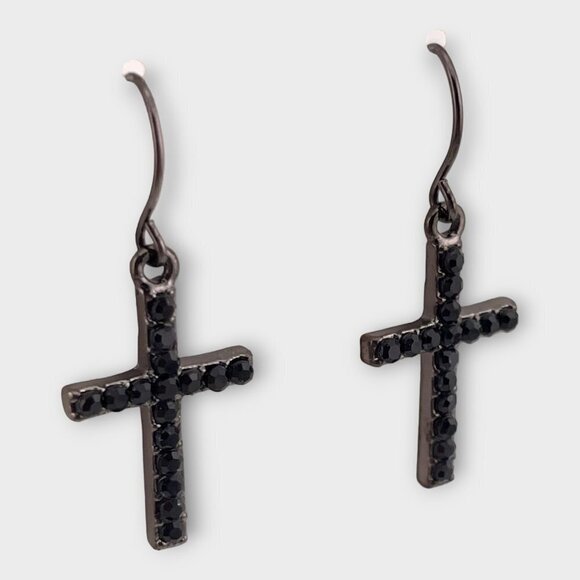 Vintage Black Spanish Crystal Cross Earrings - Picture 5 of 9